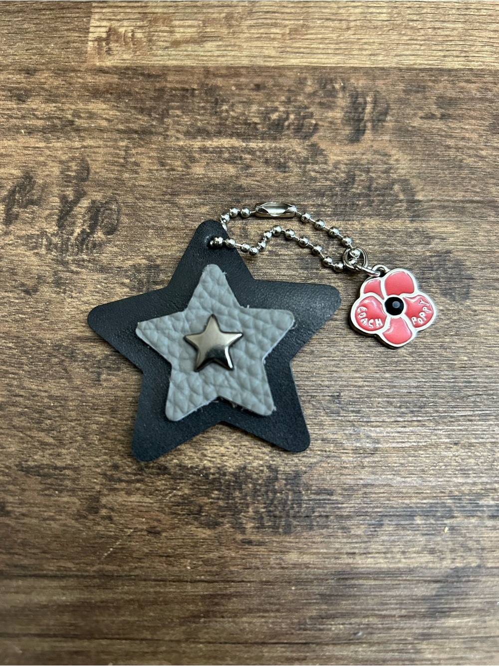 Upcycled Coach Poppy Black & Gray Leather Star Bag Charm/Keychain